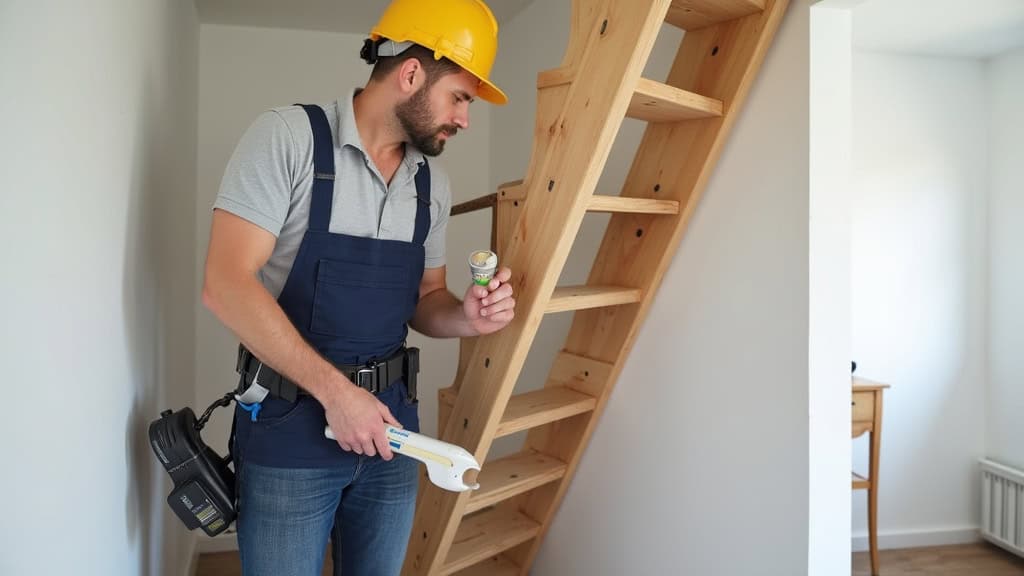 Technicien en train d’installer un monte-escalier dans une maison typique du Carbet