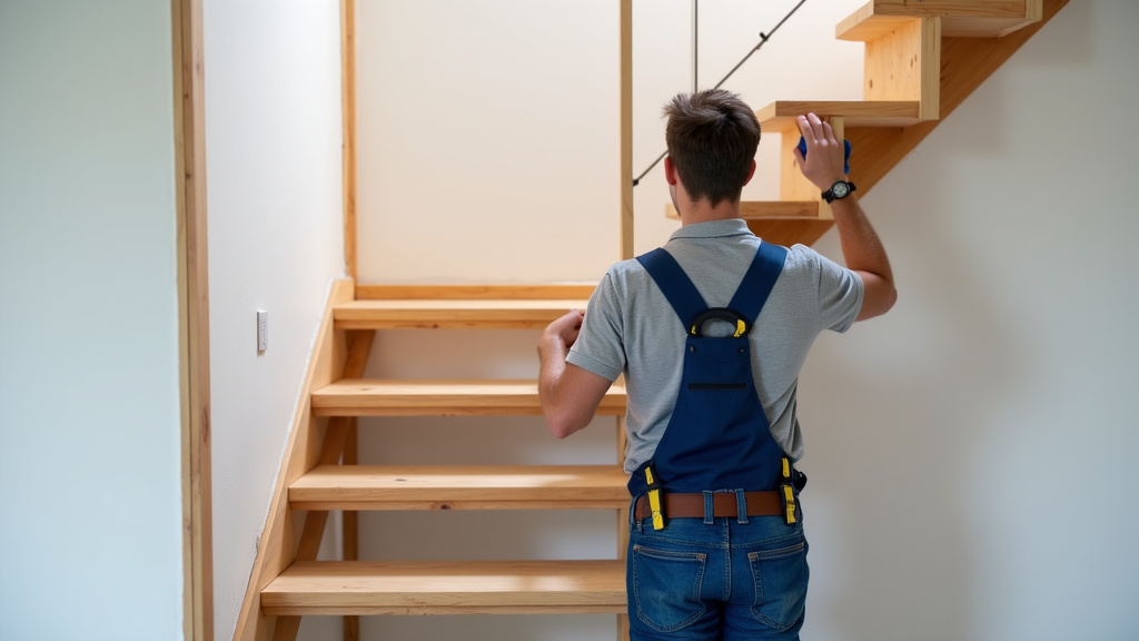 Technicien en train d’installer un monte-escalier dans une maison