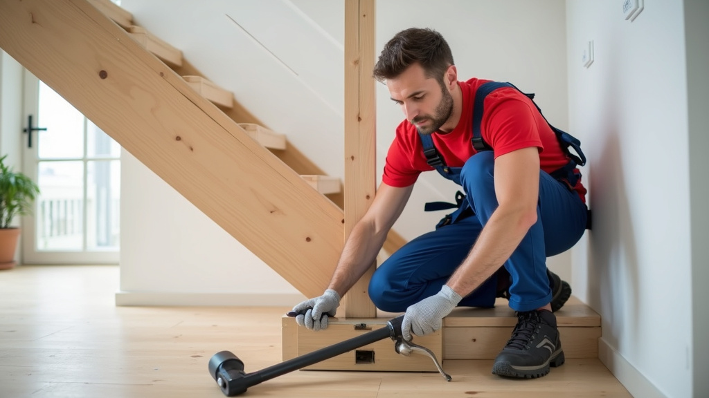 Technicien en train d’installer un monte-escalier droit dans une maison à Argentré-du-Plessis