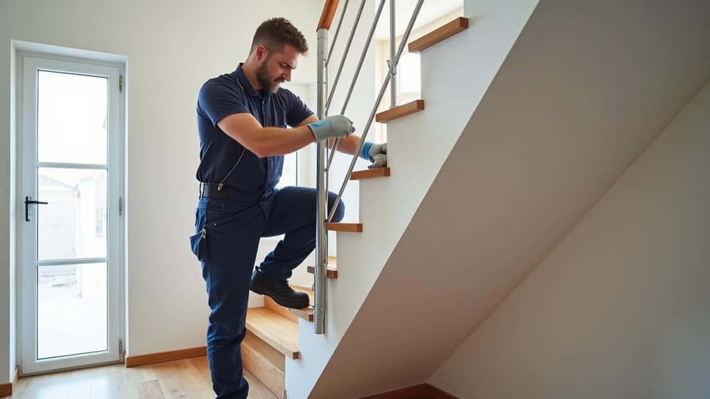 Technicien en train d’installer un monte-escalier droit dans une maison à Corbère-les-Cabanes