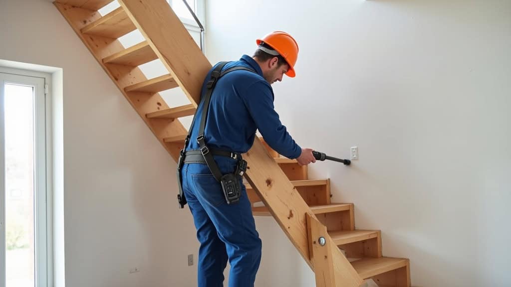 Technicien en train d’installer un monte-escalier droit dans une maison à Fleury-les-Aubrais