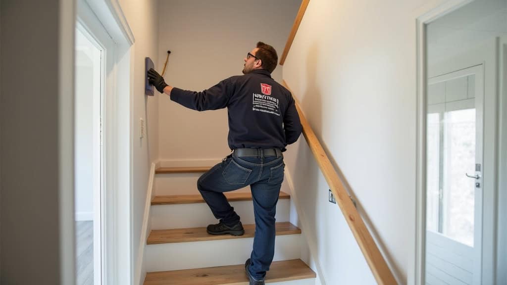 Technicien en train d’installer un monte-escalier droit dans une maison à Giraumont