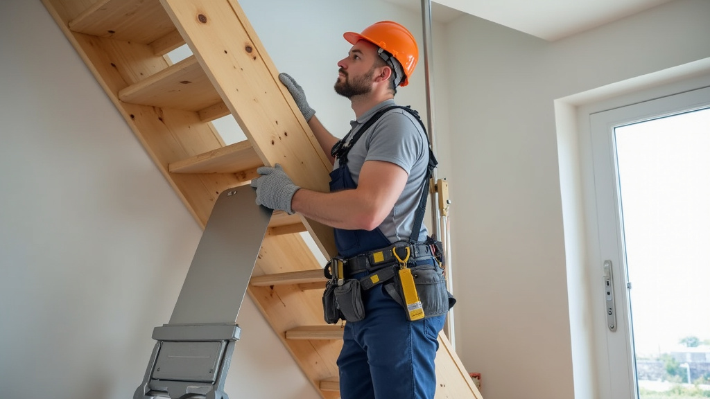 Technicien en train d’installer un monte-escalier droit dans une maison à Le Val-Saint-Père