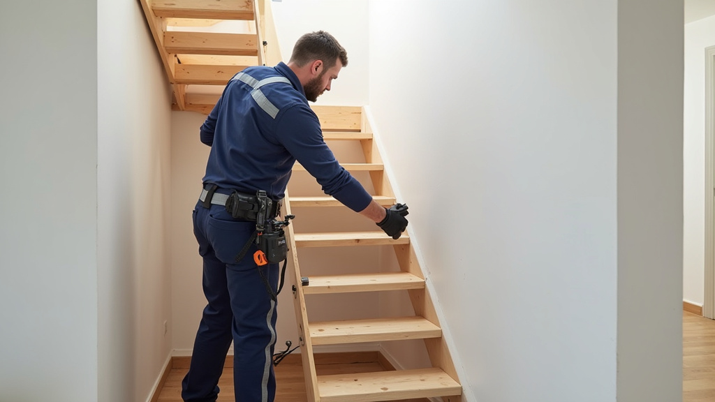 Technicien en train d’installer un monte-escalier droit dans une maison à Marchaux-Chaudefontaine