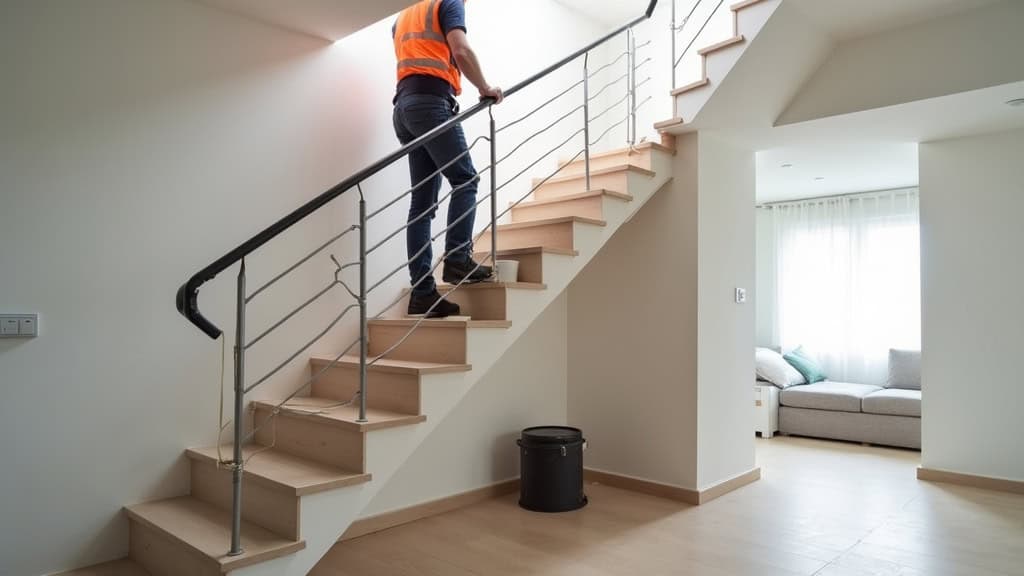 Technicien en train d’installer un monte-escalier droit dans une maison à Osséja