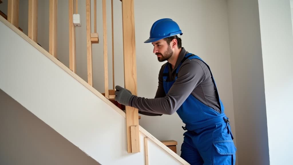 Technicien en train d’installer un monte-escalier droit dans une maison à Séez, Savoie