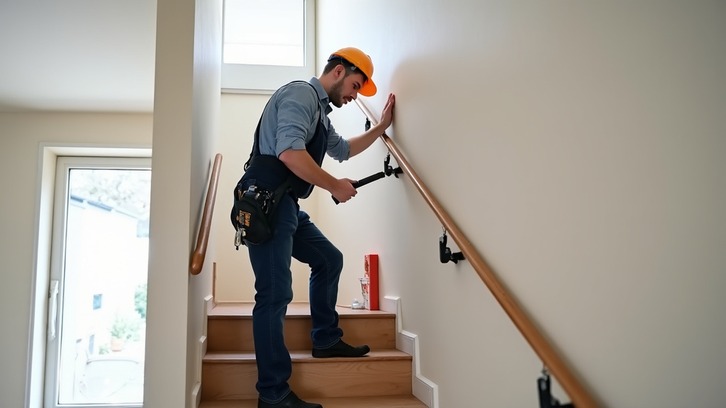 Technicien en train d’installer un monte-escalier droit dans une maison de Lubersac