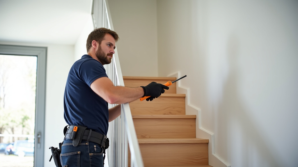 Technicien en train d’installer un monte-escalier droit dans une maison de Vonnas