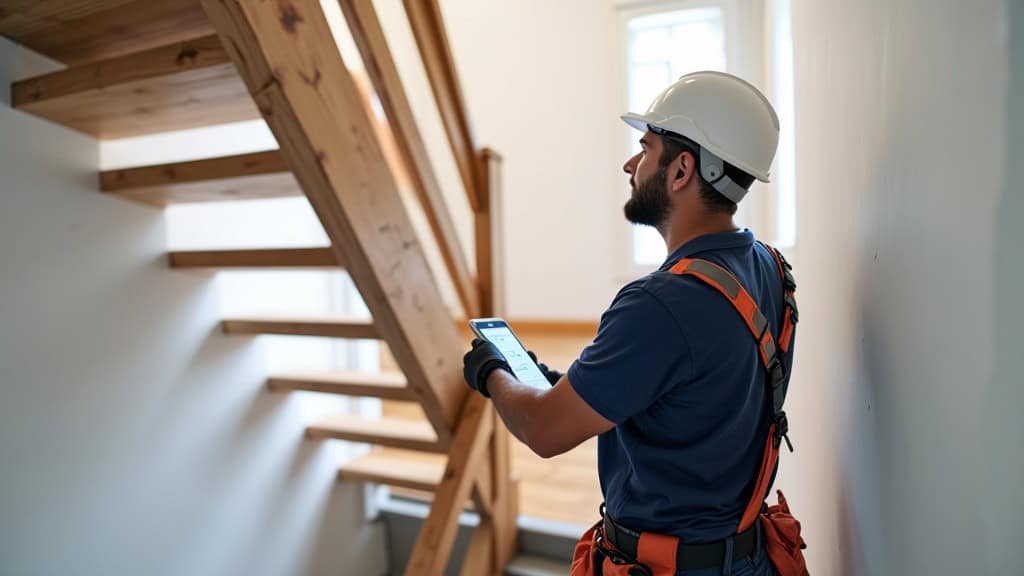 Technicien en train d’installer un monte-escalier sur un escalier tournant à Nieul-lès-Saintes