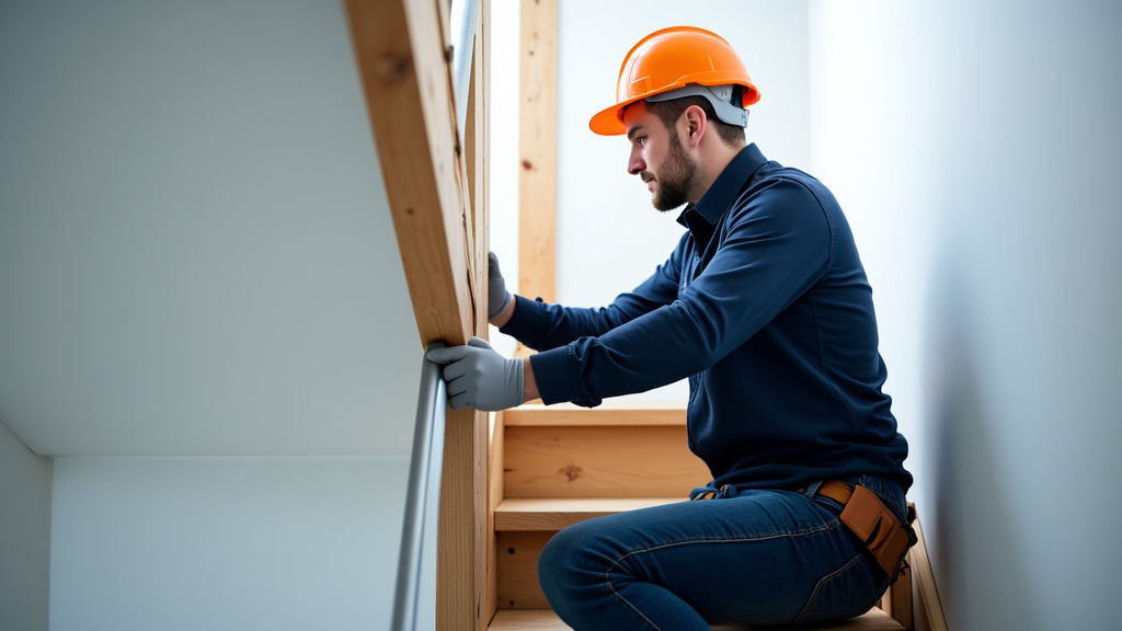 Technicien en train d’installer un monte-escalier sur un escalier tournant à Trith-Saint-Léger