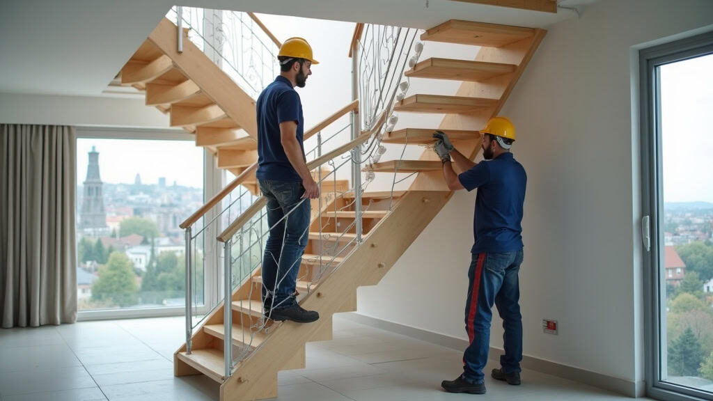 Technicien en train d’installer un monte-escalier tournant à Ajain