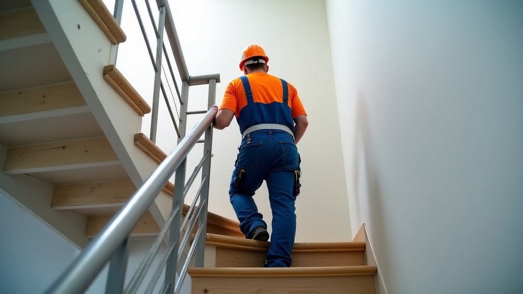 Technicien en train d’installer un monte-escalier tournant dans un escalier en colimaçon à Vireux-Molhain