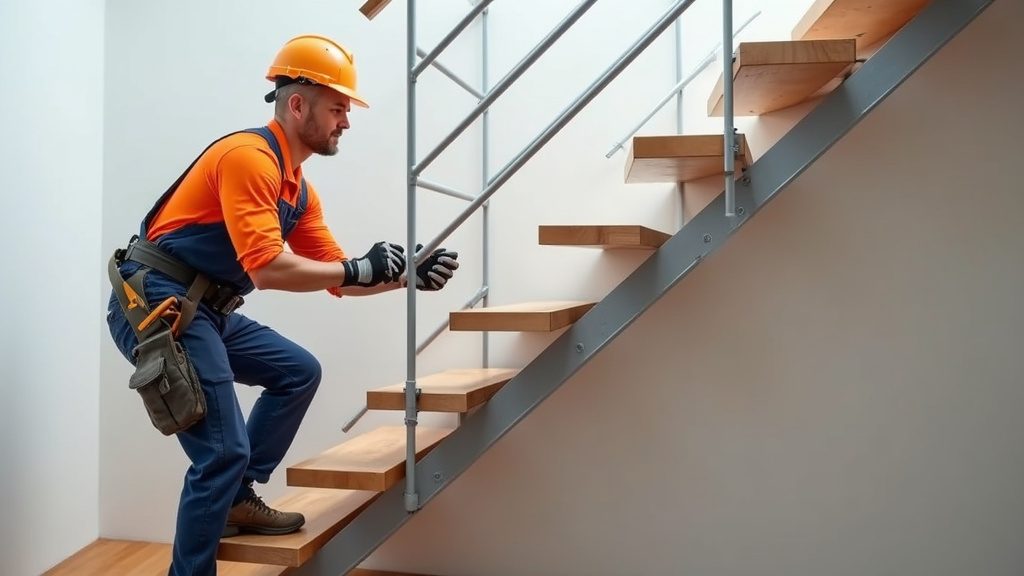 Technicien en train d’installer un monte-escalier tournant dans un escalier en colimaçon
