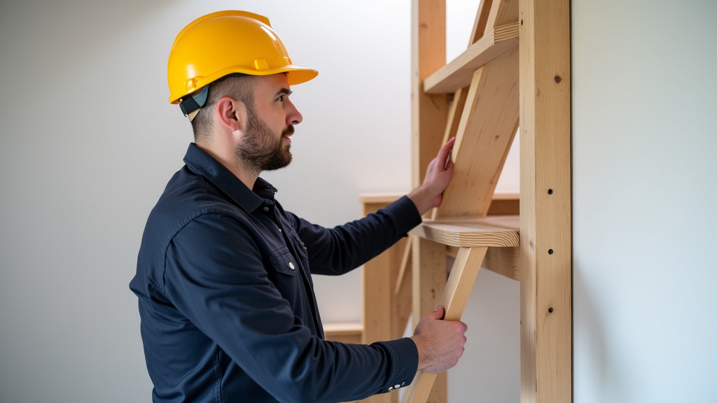 Technicien en train d’installer un monte-escalier tournant dans une maison à Bernières-sur-Mer