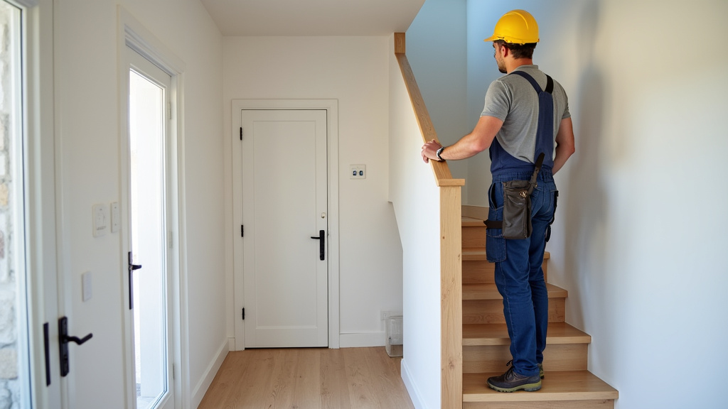 Technicien en train d’installer un monte-escalier tournant dans une maison à Cadillac-en-Fronsadais