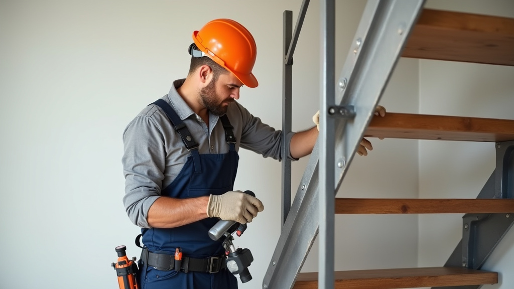 Technicien en train d’installer un monte-escalier tournant dans une maison à Camblain-Châtelain