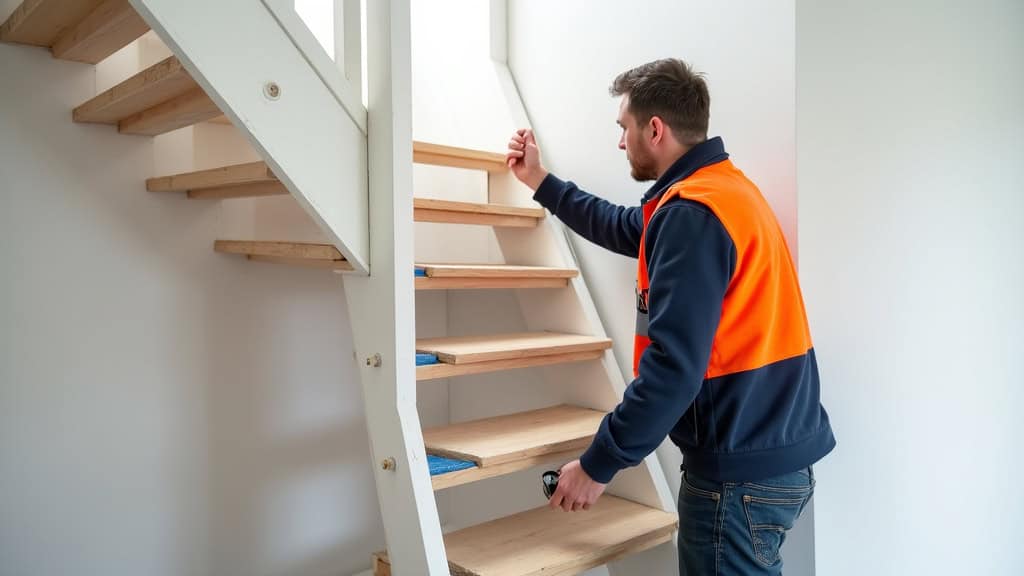 Technicien en train d’installer un monte-escalier tournant dans une maison à Douvaine