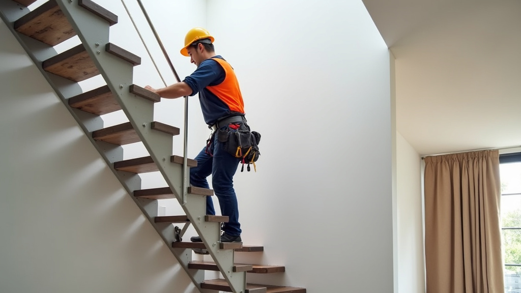 Technicien en train d’installer un monte-escalier tournant dans une maison à Gruchet-le-Valasse