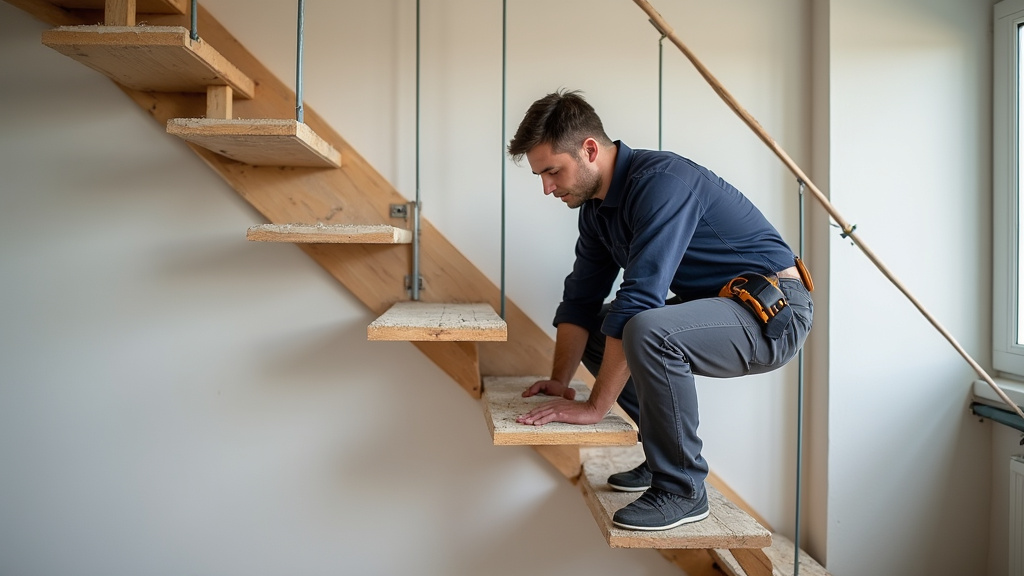 Technicien en train d’installer un monte-escalier tournant dans une maison à Le Val-d’Ajol