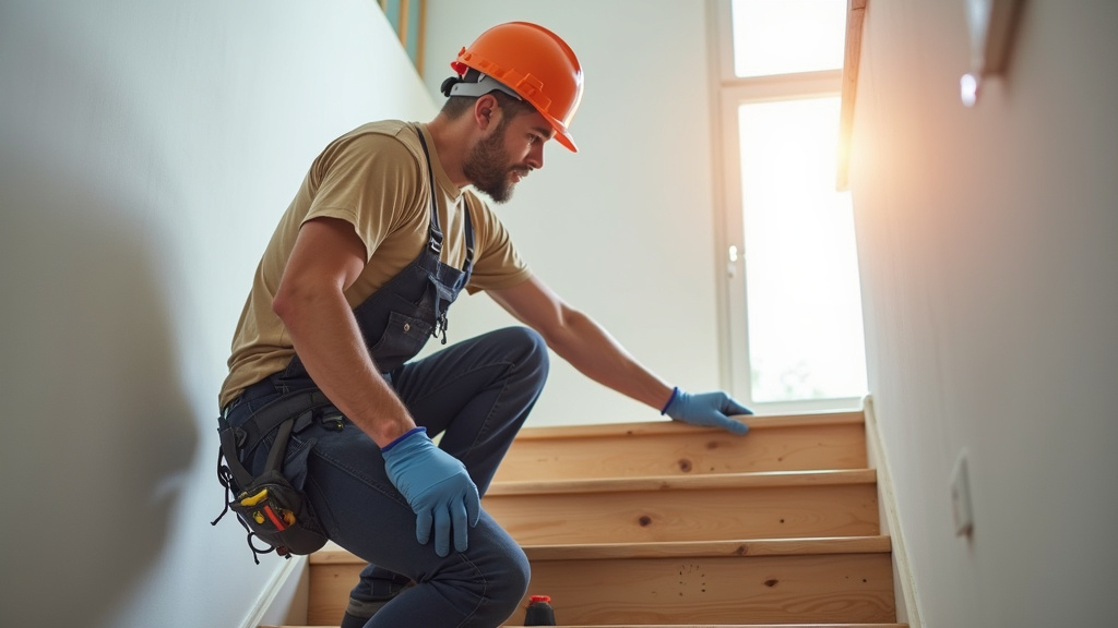 Technicien en train d’installer un monte-escalier tournant dans une maison à Meymac