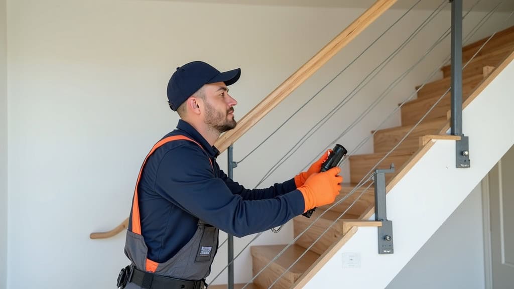 Technicien en train d’installer un monte-escalier tournant dans une maison de Cloyes-les-Trois-Rivières