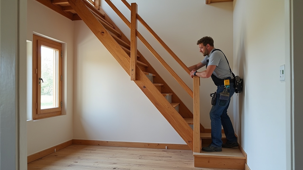 Technicien en train d’installer un monte-escalier tournant dans une maison traditionnelle à Châtel