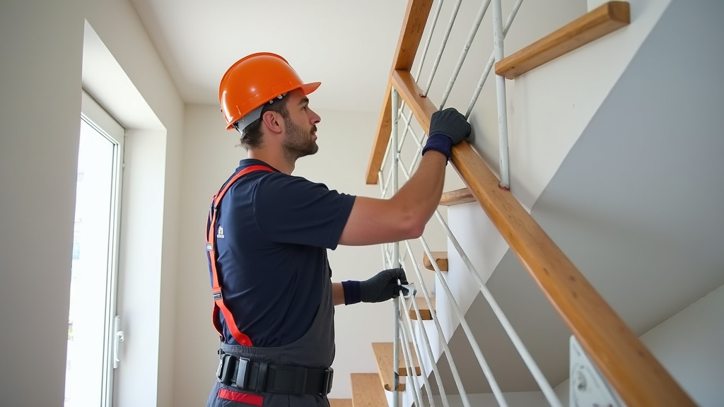 Technicien en train d’installer un rail de monte-escalier tournant dans une maison à Sailly-Flibeaucourt