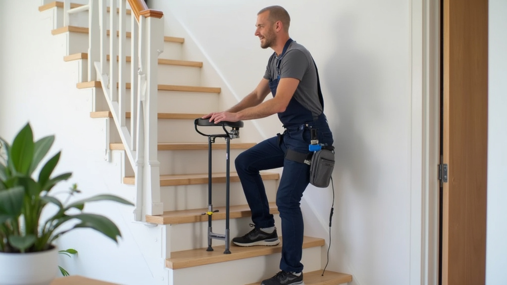 Technicien en train d’installer un siège monte-escalier dans une maison à La Capelle