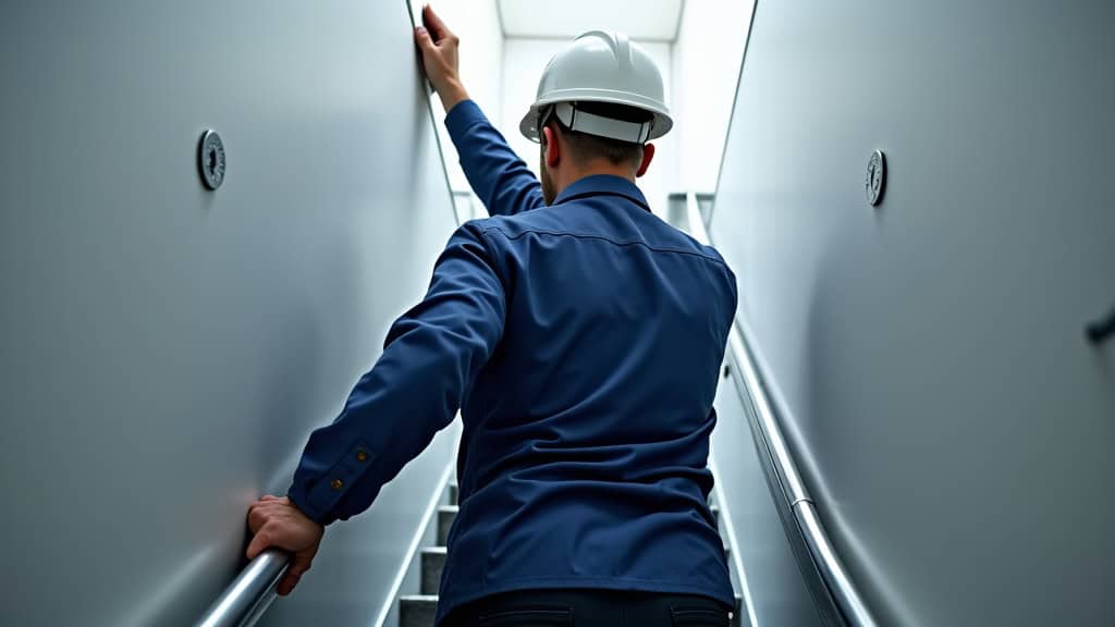Technicien en uniforme effectuant des mesures sur un escalier à Cosne-d