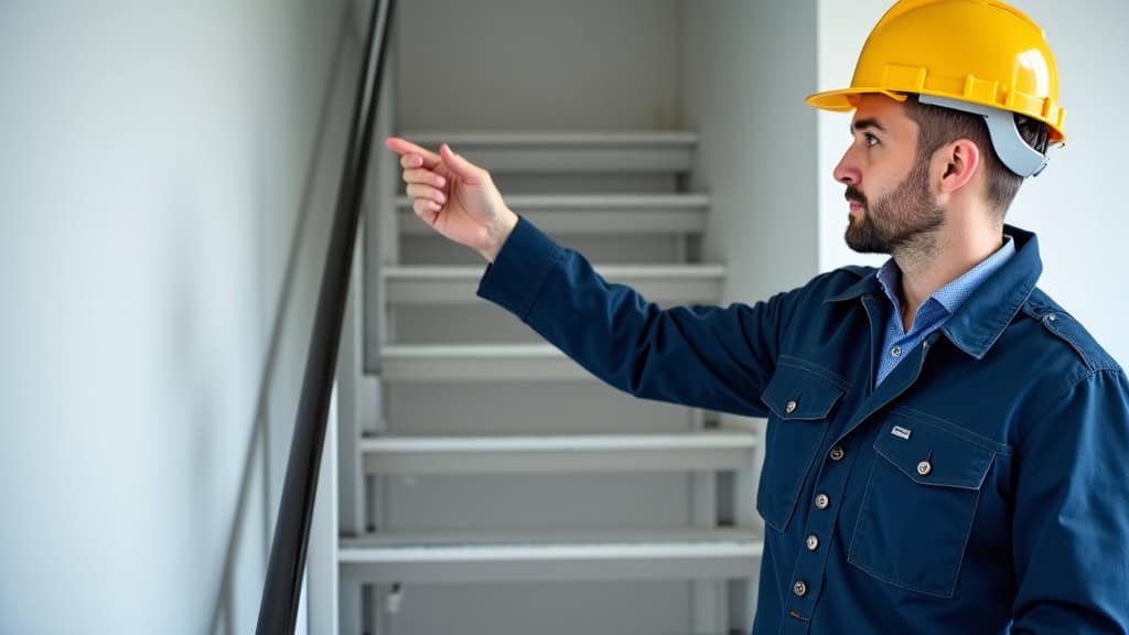 Technicien en uniforme en train de présenter un modèle de monte-escalier à un client à Les Rousses