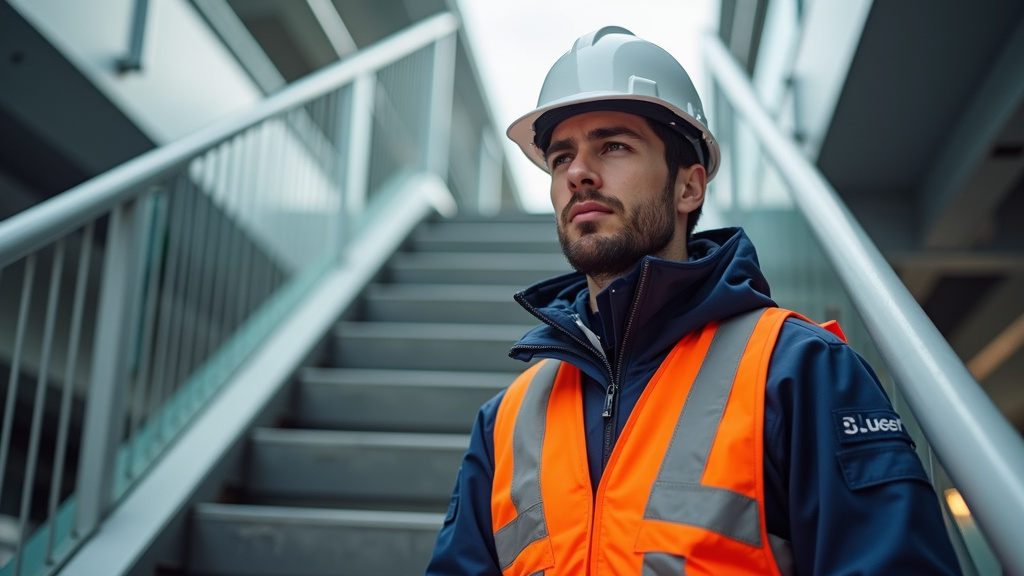 Technicien en uniforme en train de vérifier un monte-escalier à Épinay-sous-Sénart
