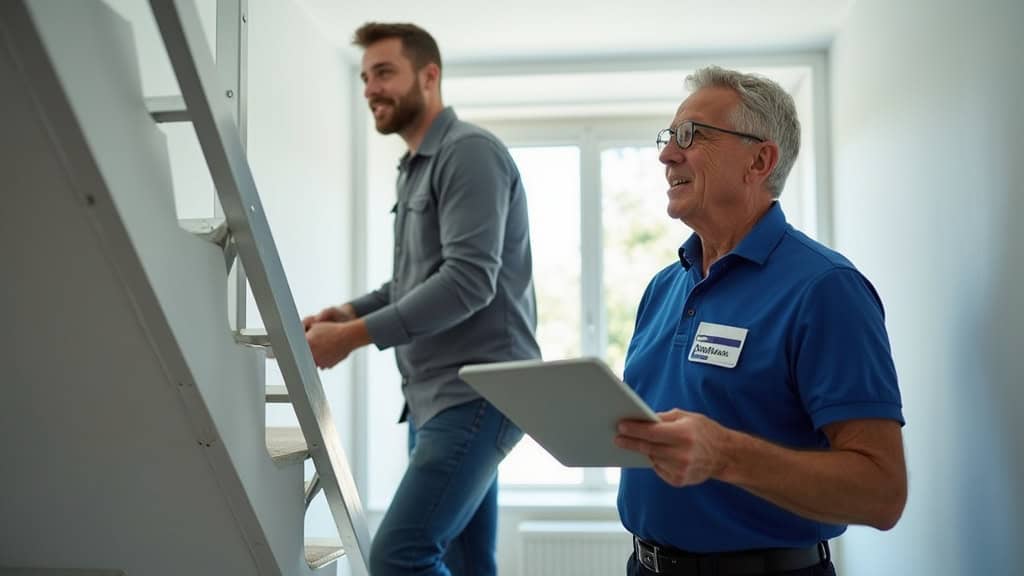 Technicien expliquant le fonctionnement du monte-escalier à un utilisateur âgé