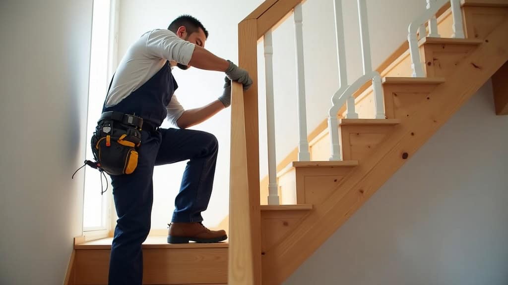 Technicien fixant un rail de monte-escalier sur un escalier en bois à Gometz-le-Châtel