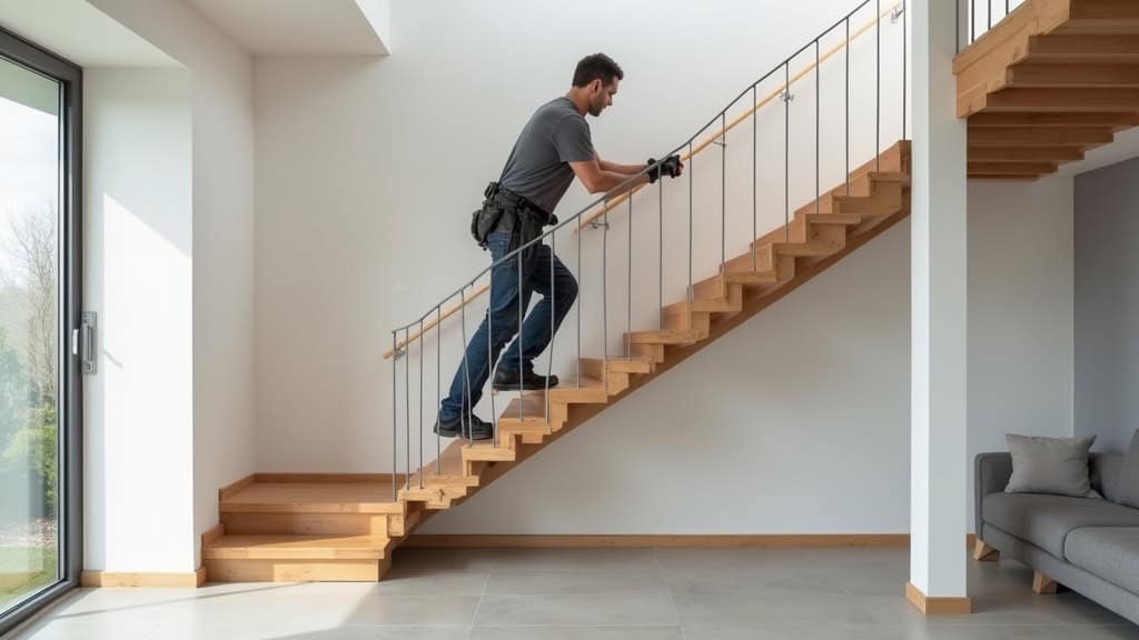 Technicien installant un monte-escalier courbe dans une maison à Brouilla