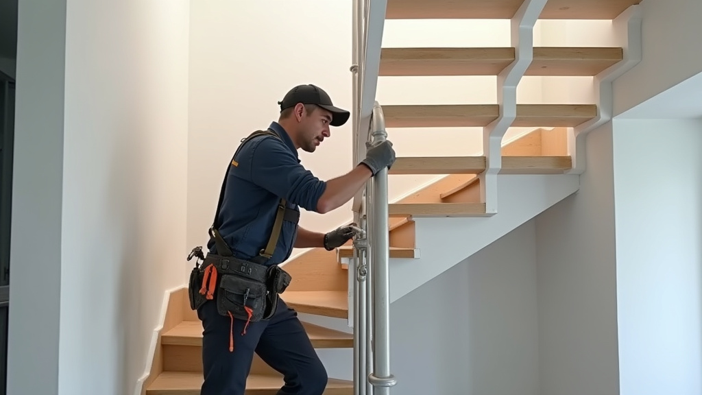 Technicien installant un monte-escalier dans un escalier droit à Chabanière