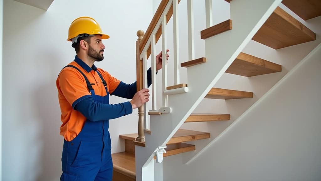 Technicien installant un monte-escalier dans un escalier intérieur à Lagny-sur-Marne