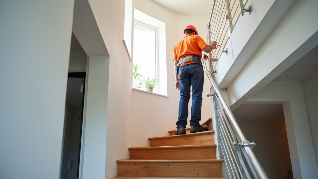 Technicien installant un monte-escalier dans un escalier tournant à Pont-de-Metz