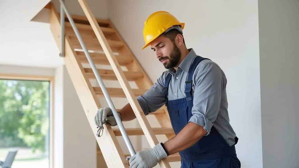 Technicien installant un monte-escalier dans une maison à Aire-sur-la-Lys
