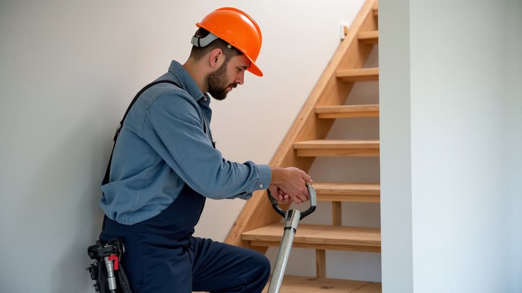 Technicien installant un monte-escalier dans une maison à Blyes