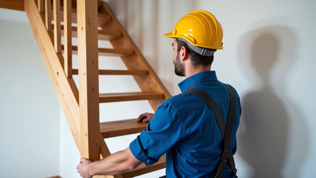 Technicien installant un monte-escalier dans une maison à Terre-de-Haut