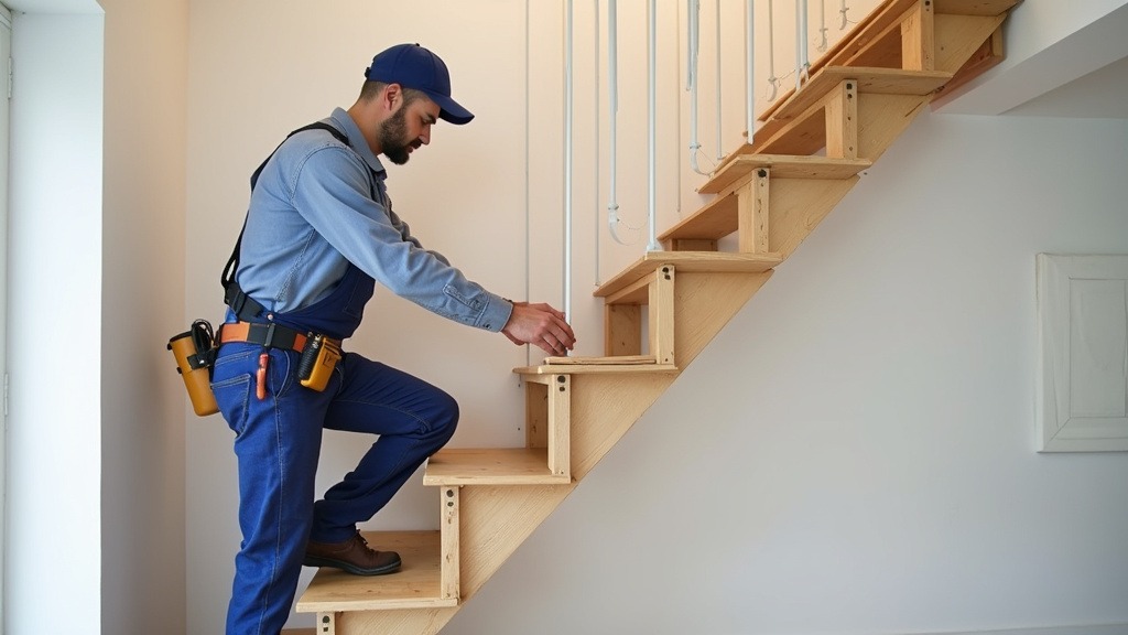 Technicien installant un monte-escalier dans une maison de la Vendée