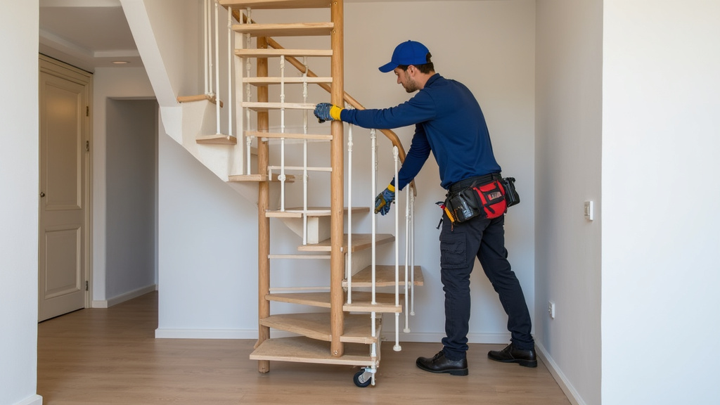 Technicien installant un monte-escalier droit dans un escalier intérieur à Bayonne