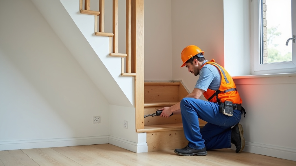 Technicien installant un monte-escalier droit dans une maison de Barbières