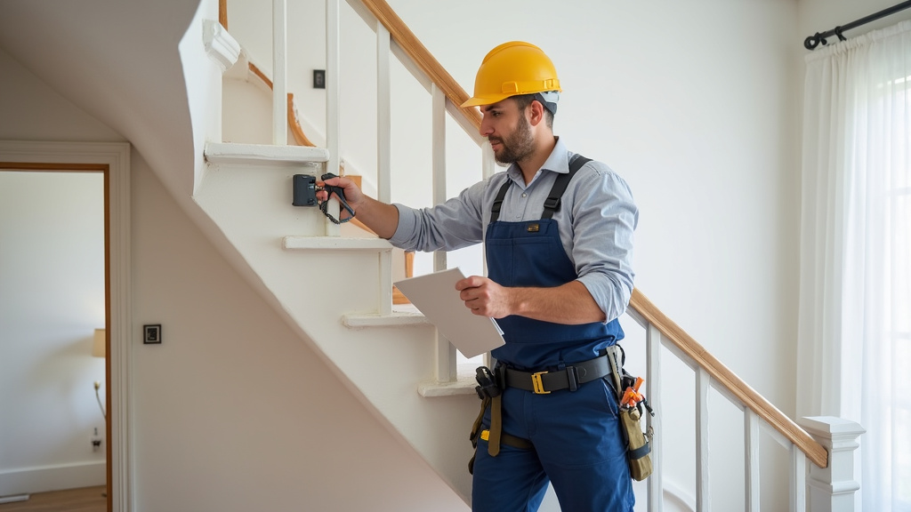 Technicien installant un monte-escalier droit dans une maison de Chapdes-Beaufort