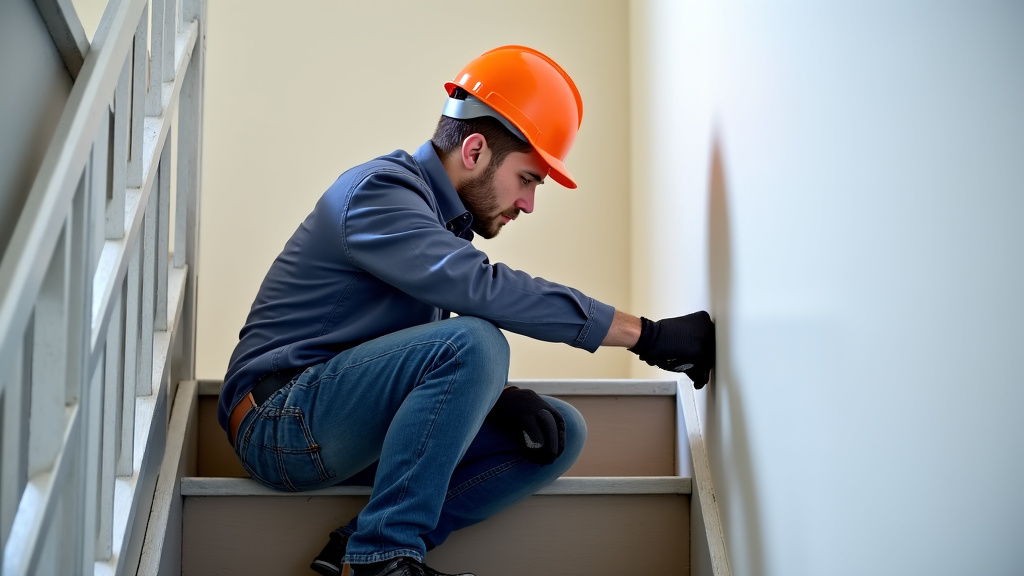 Technicien installant un monte-escalier droit sur un escalier droit à Saint-Sylvain-d’Anjou près de Verrières-en-Anjou
