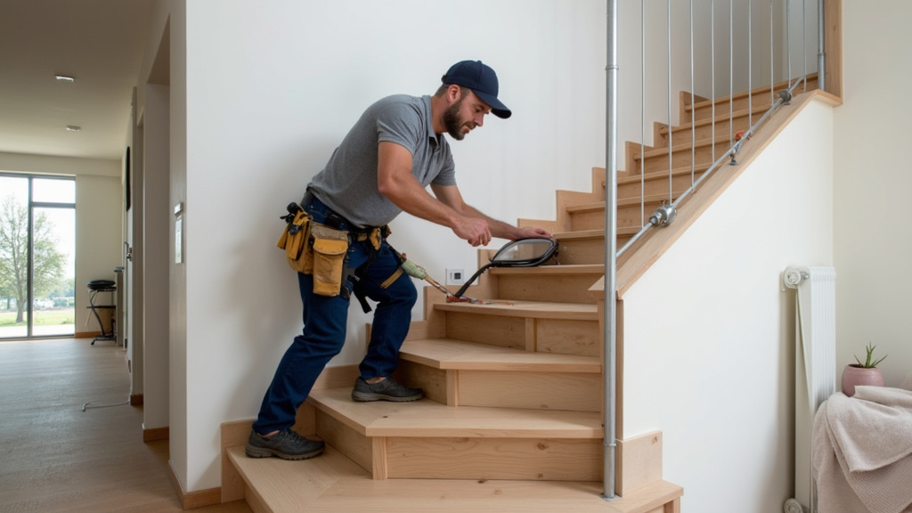 Technicien installant un monte-escalier sur un escalier en colimaçon à Martigné-sur-Mayenne