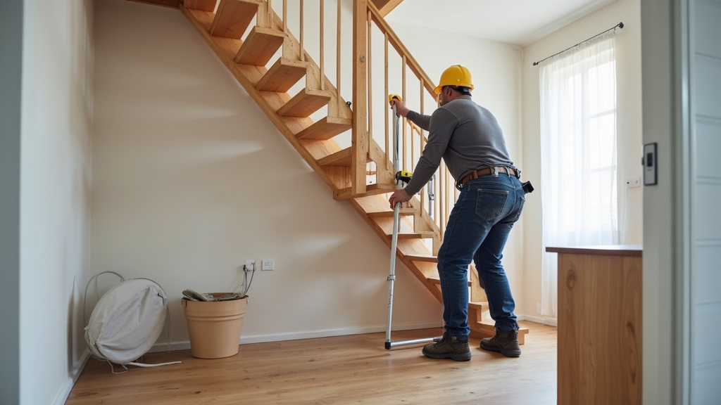 Technicien installant un monte-escalier sur un escalier étroit à Boisseuil
