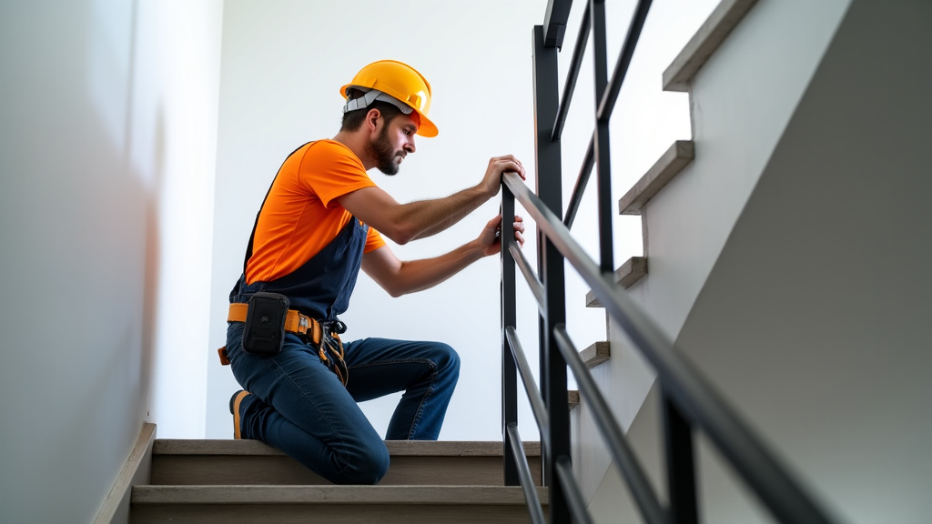Technicien installant un monte-escalier tournant dans un escalier en colimaçon à Montlignon