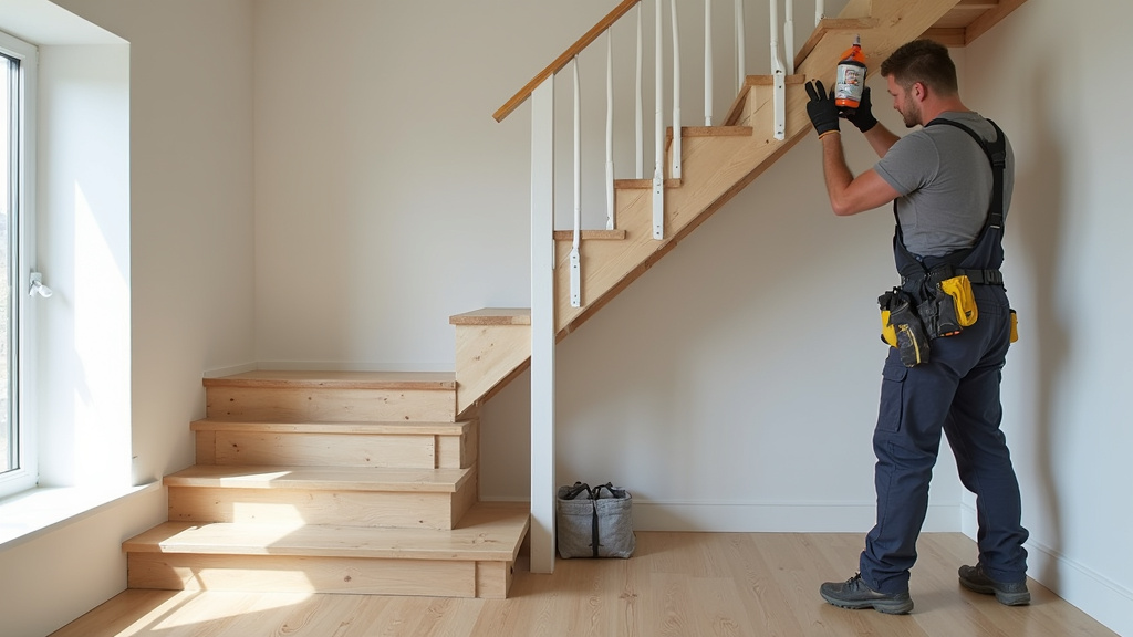 Technicien installant un monte-escalier tournant dans une maison à Chaillac