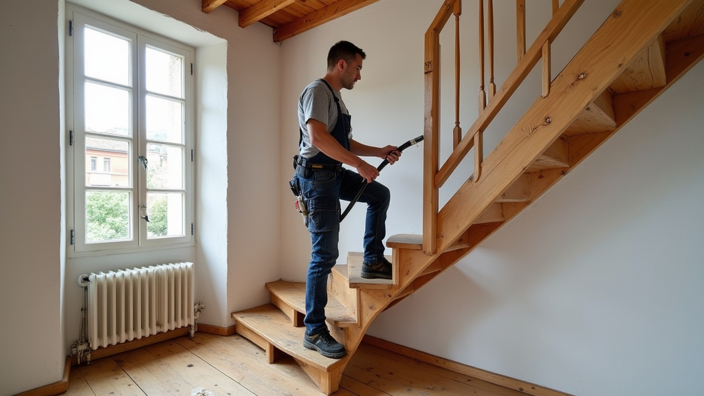 Technicien installant un monte-escalier tournant dans une maison ancienne à Flamanville